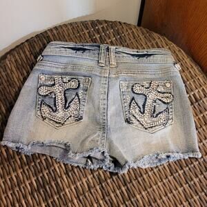 No Boundaries Womens Denim Cutoff Shorts Sz Small Low Rise Rhinestone Anchor